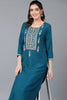 Silk Blend Teal Blue Embroidered Straight Kurta VCK9395