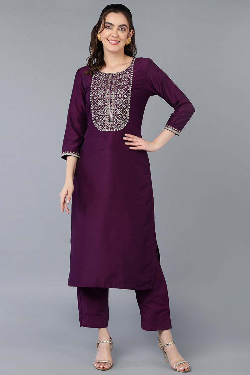 Silk Blend Purple Embroidered Straight Kurta VCK9396