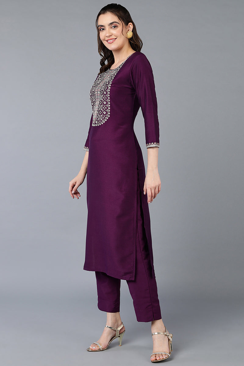 Silk Blend Purple Embroidered Straight Kurta VCK9396