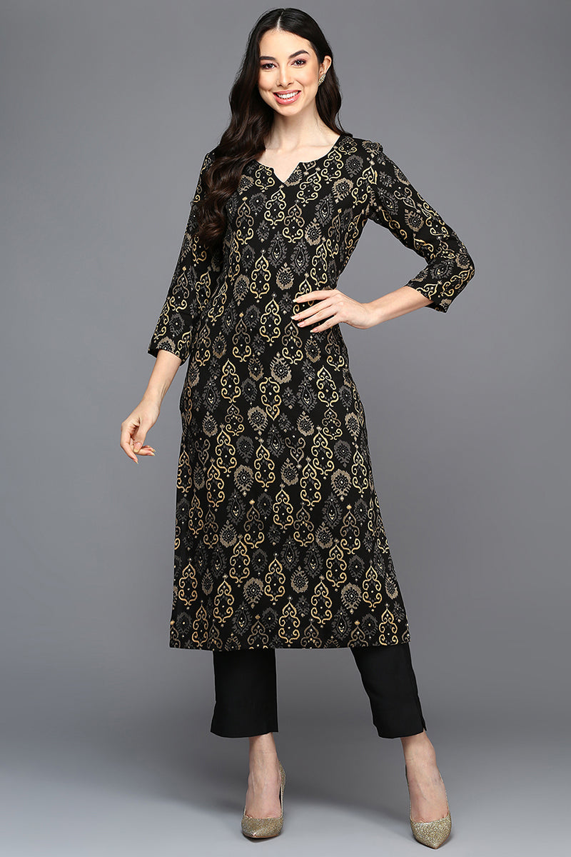 Black Viscose Rayon Ethnic Motifs A-Line Kurta VCK9400