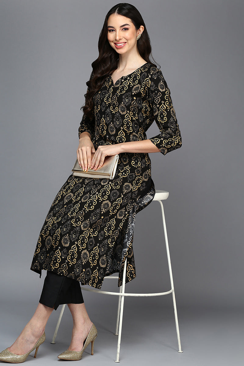 Black Viscose Rayon Ethnic Motifs A-Line Kurta VCK9400