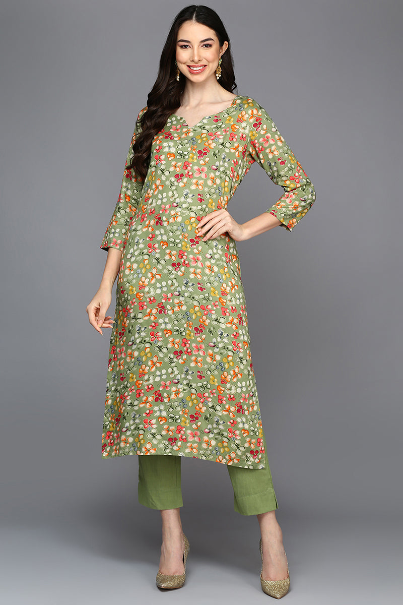 Green Viscose Rayon Floral A-Line Kurta VCK9405