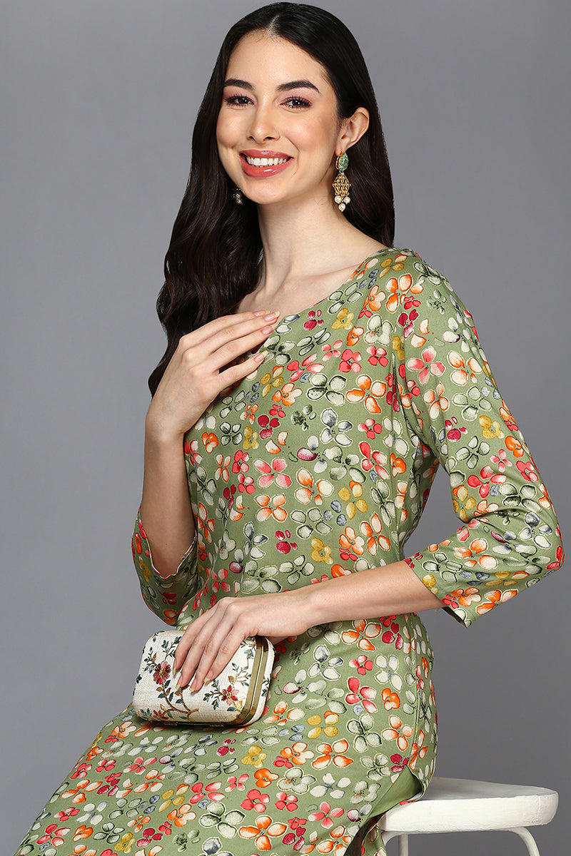 Green Viscose Rayon Floral A-Line Kurta VCK9405