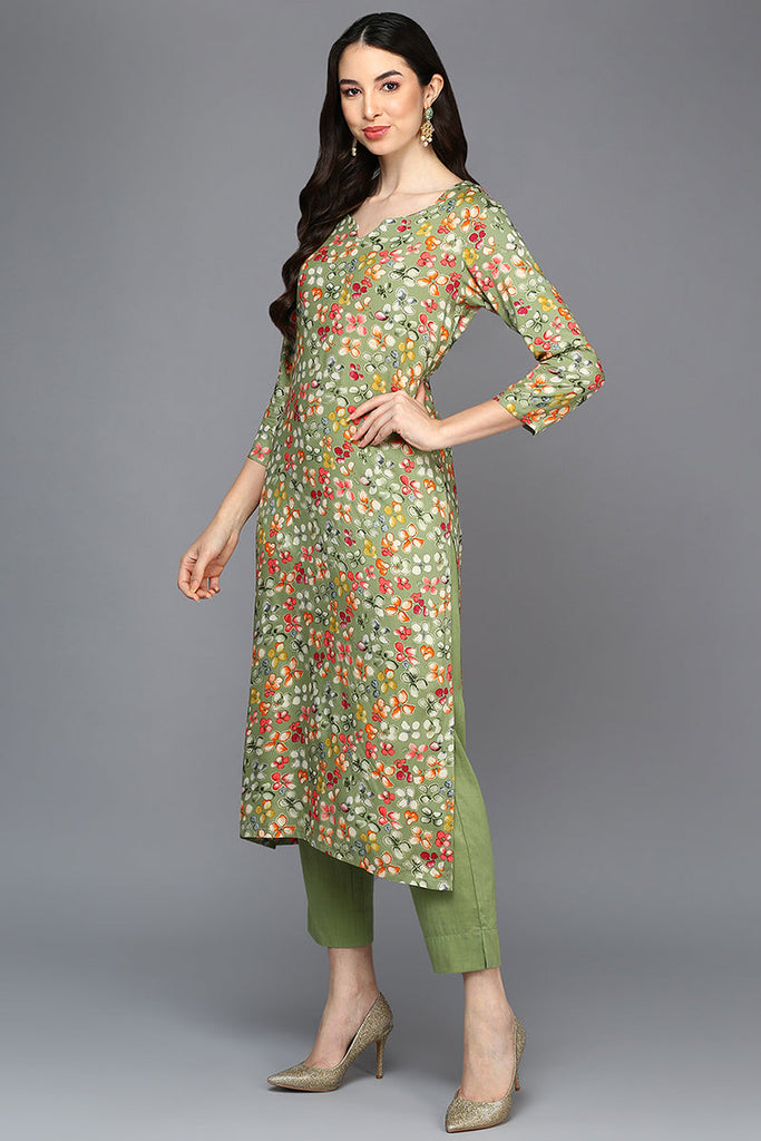 Green Viscose Rayon Floral A-Line Kurta VCK9405