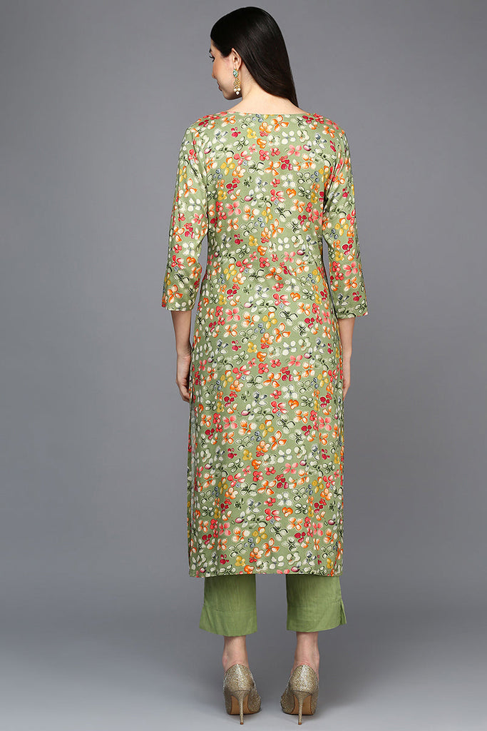 Green Viscose Rayon Floral A-Line Kurta VCK9405