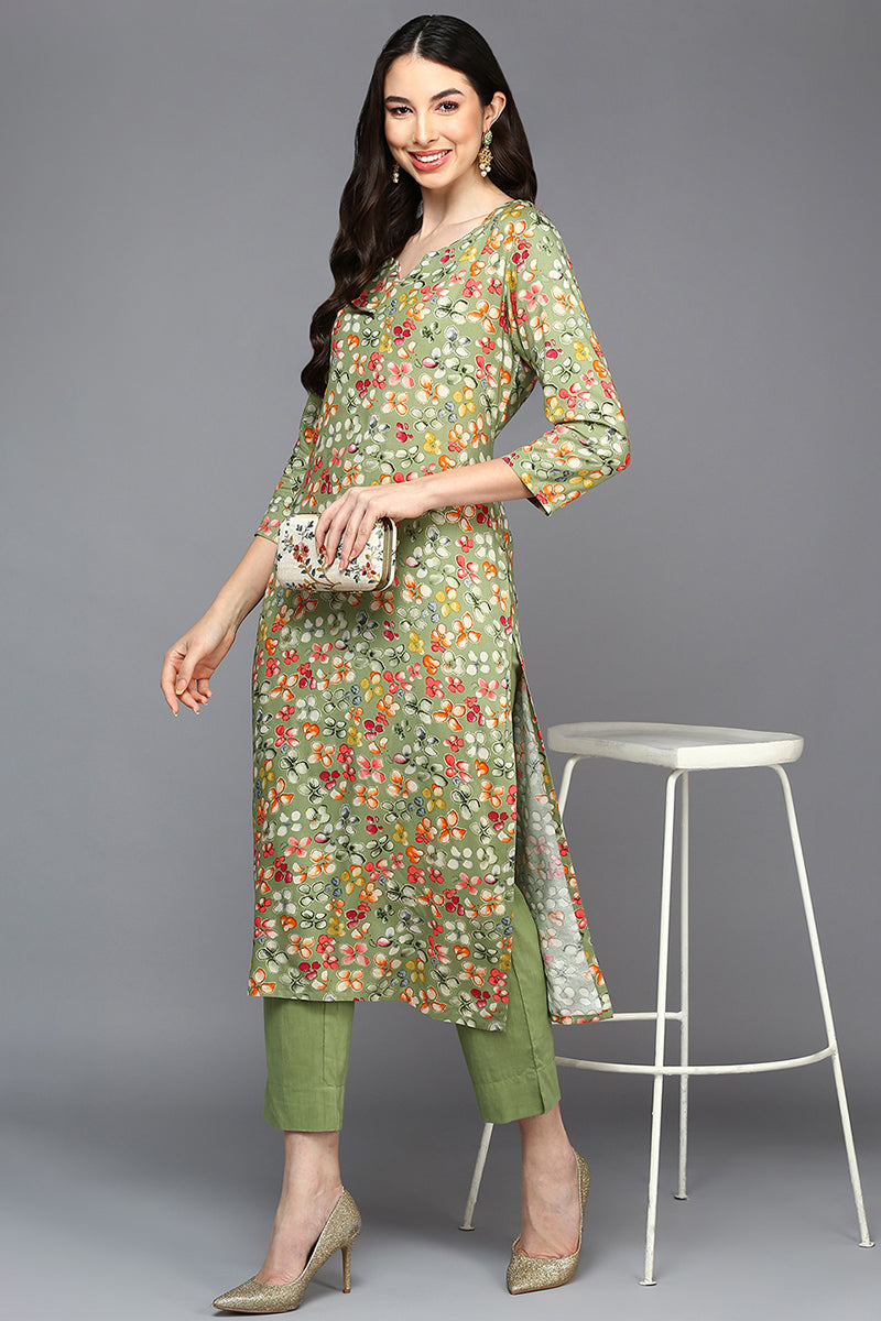 Green Viscose Rayon Floral A-Line Kurta VCK9405