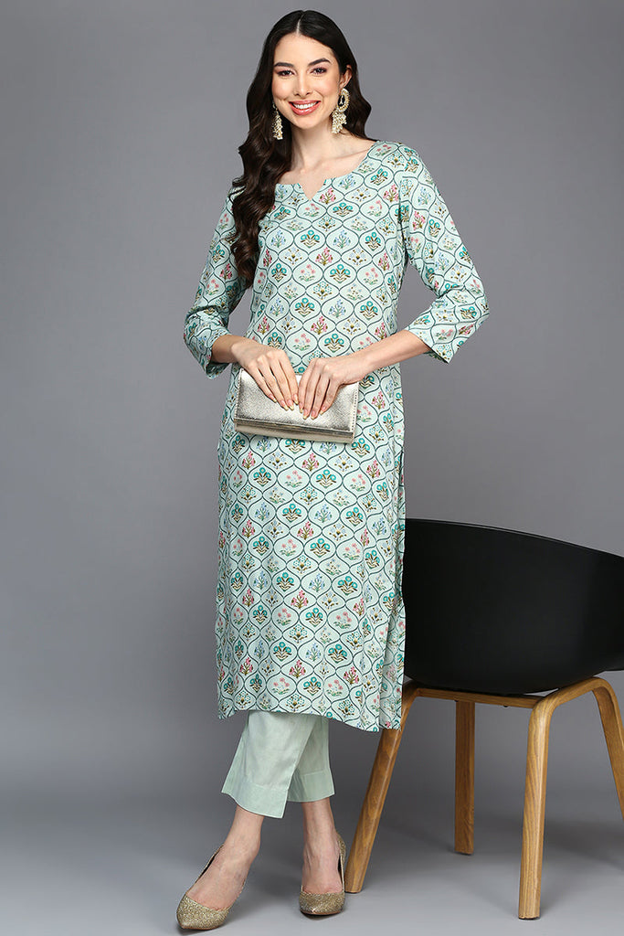 Blue Viscose Rayon Floral Straight Kurta VCK9409