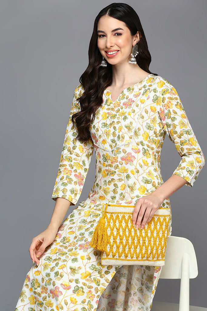 White Viscose Rayon Floral A-Line Kurta VCK9411