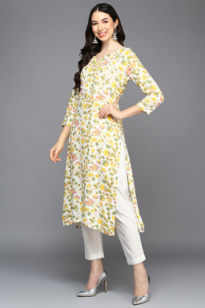 White Viscose Rayon Floral A-Line Kurta VCK9411