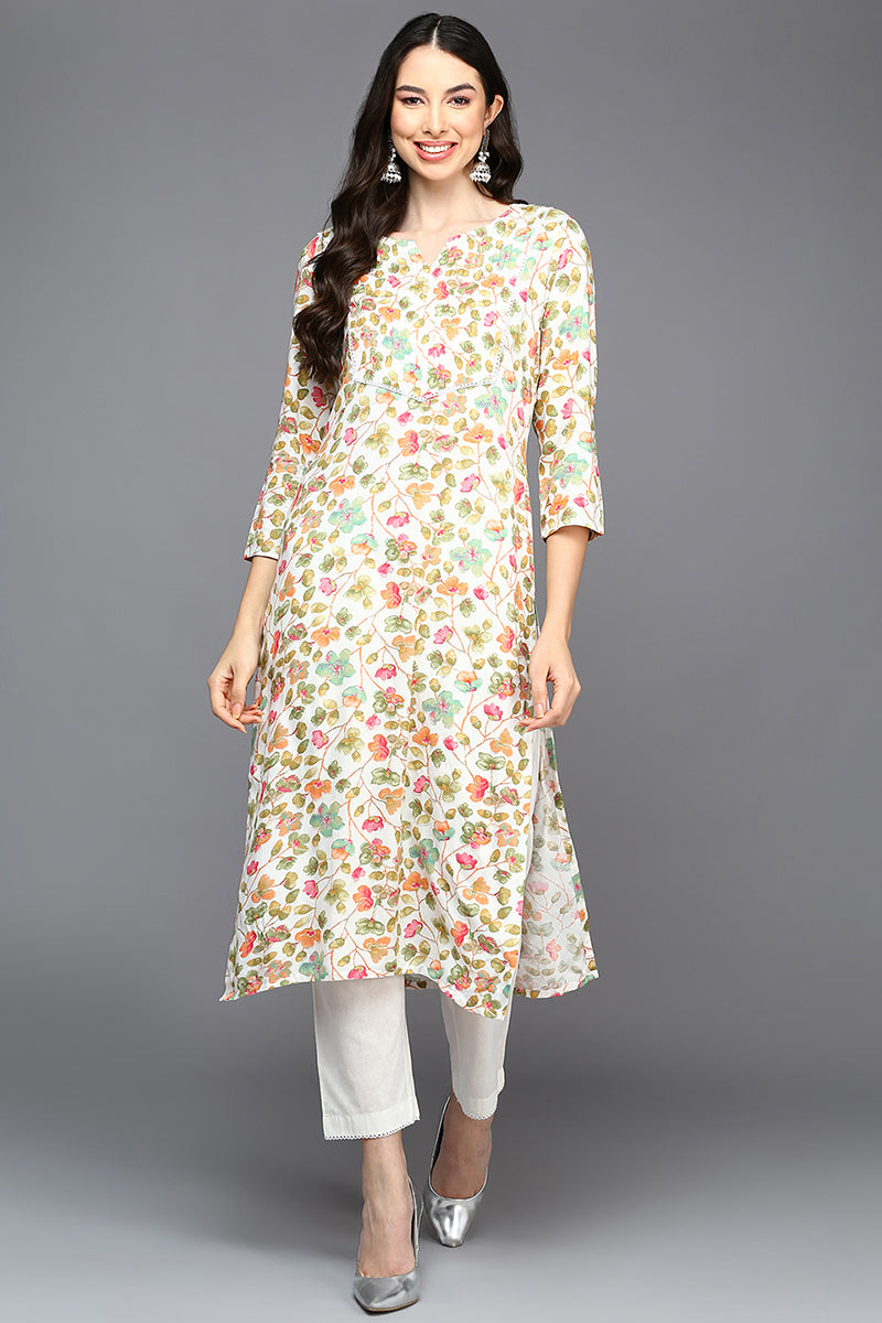 White Viscose Rayon Floral A-Line Kurta VCK9412