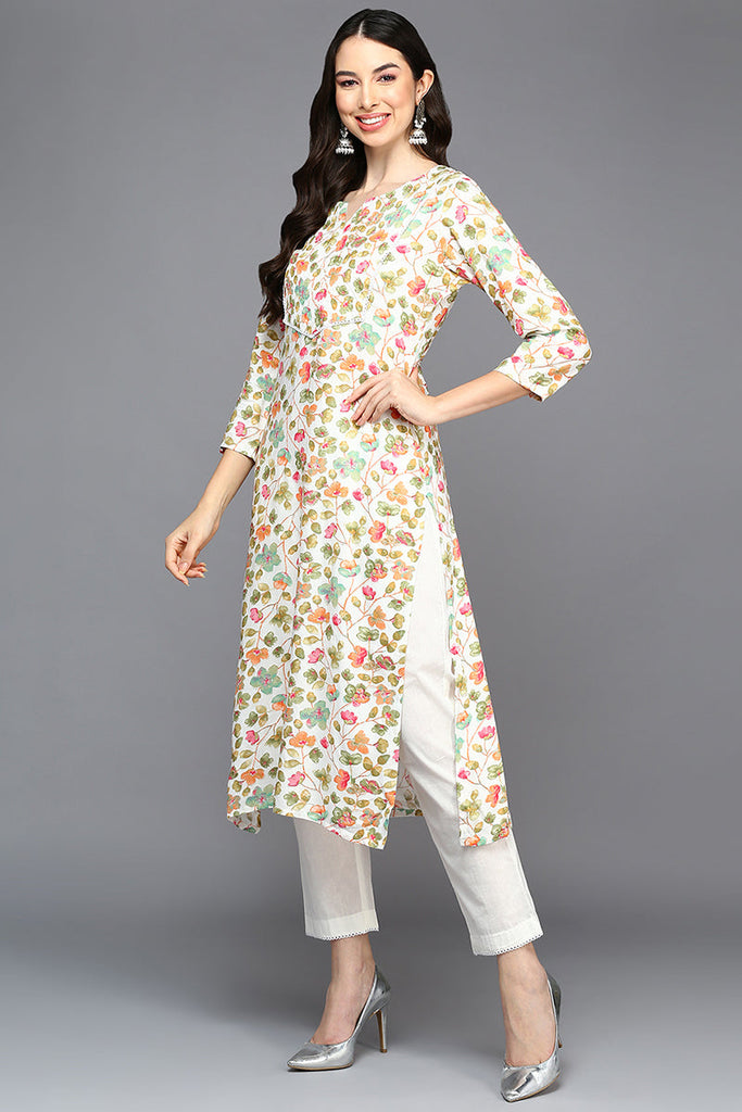 White Viscose Rayon Floral A-Line Kurta VCK9412