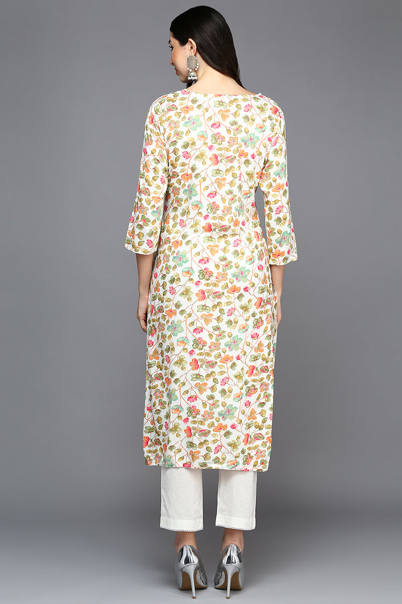 White Viscose Rayon Floral A-Line Kurta VCK9412