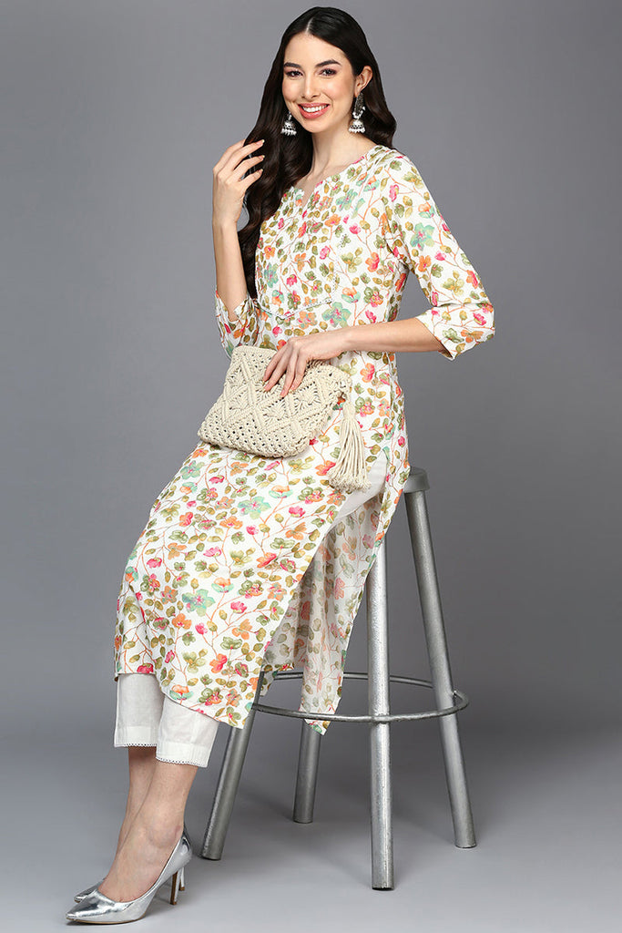 White Viscose Rayon Floral A-Line Kurta VCK9412