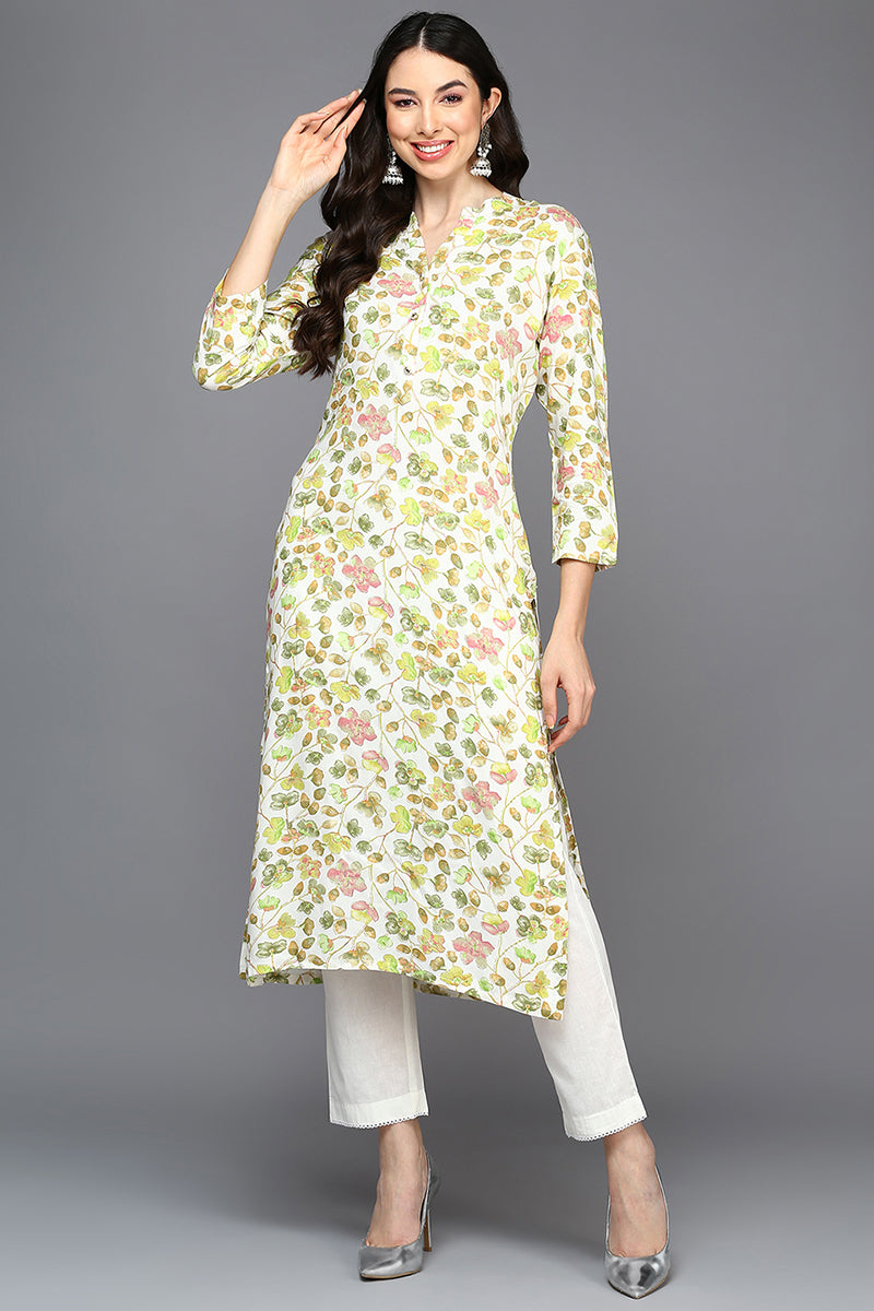 White Viscose Rayon Floral Straight Kurta VCK9413