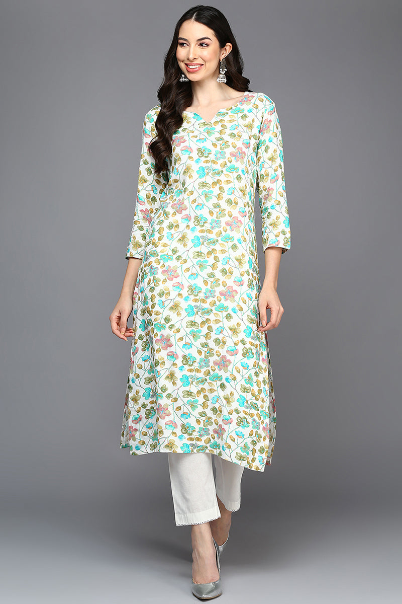 White Viscose Rayon Floral A-Line Kurta VCK9414