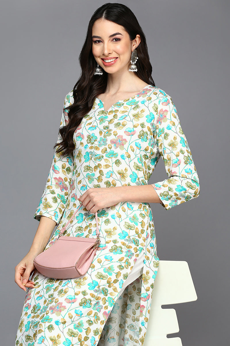 White Viscose Rayon Floral A-Line Kurta VCK9414