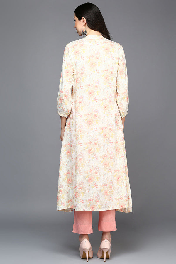 Off White Cotton Blend Floral A-Line Kurta VCK9419