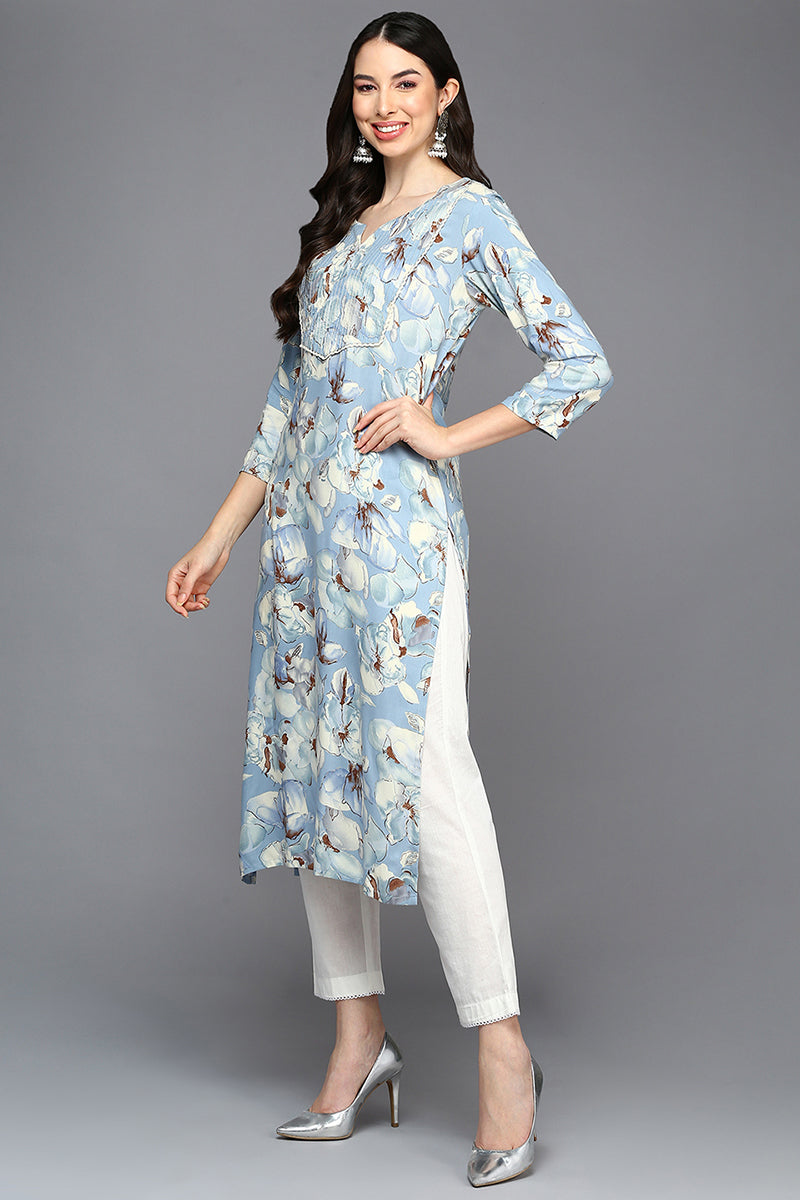 Blue Cotton Blend Floral Straight Kurta VCK9421