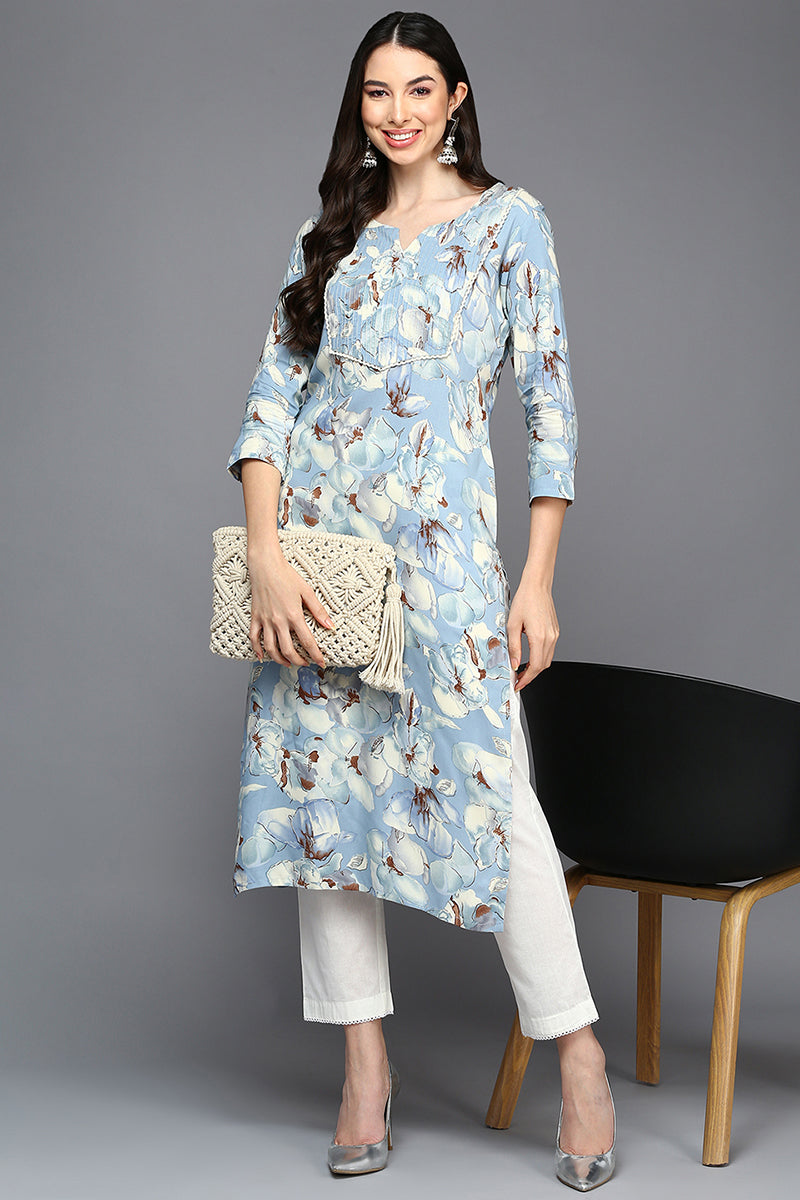 Blue Cotton Blend Floral Straight Kurta VCK9421