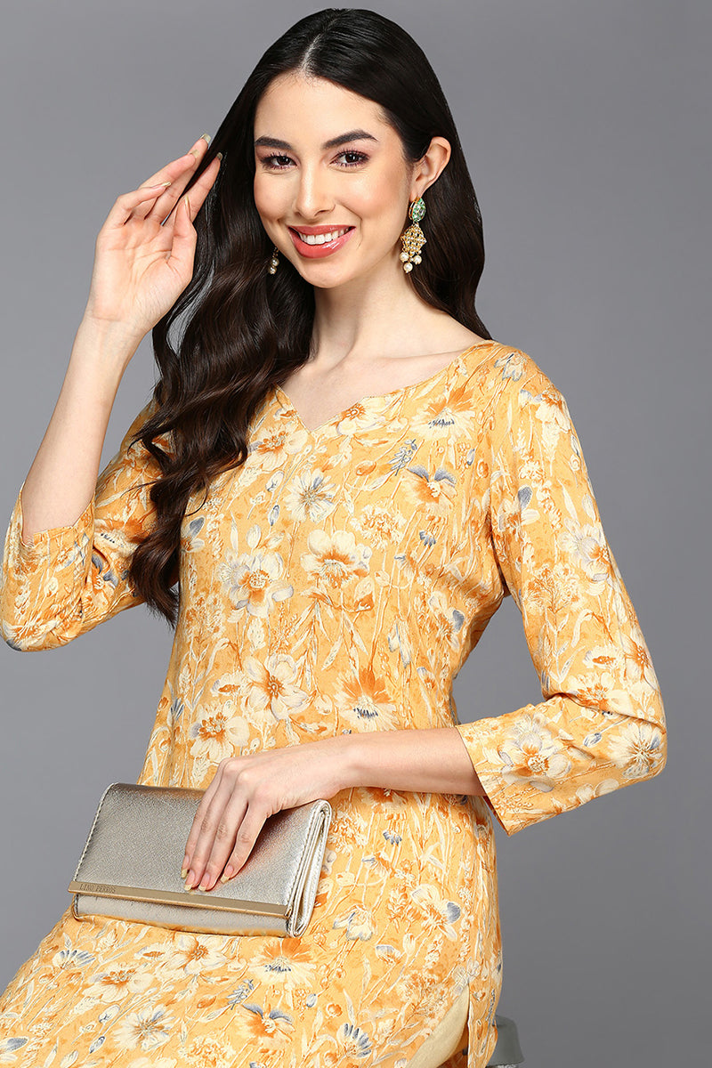 Yellow Viscose Rayon Ethnic Motifs A-Line Kurta VCK9432