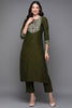 Olive Silk Blend Floral Straight Kurta VCK9435