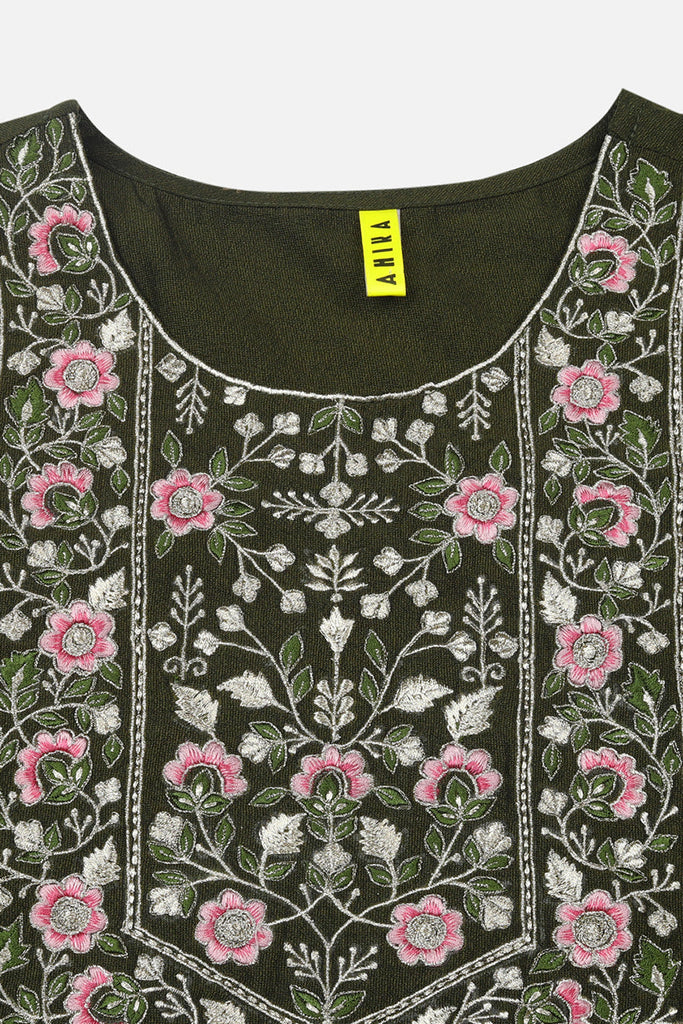 Olive Silk Blend Floral Straight Kurta VCK9435