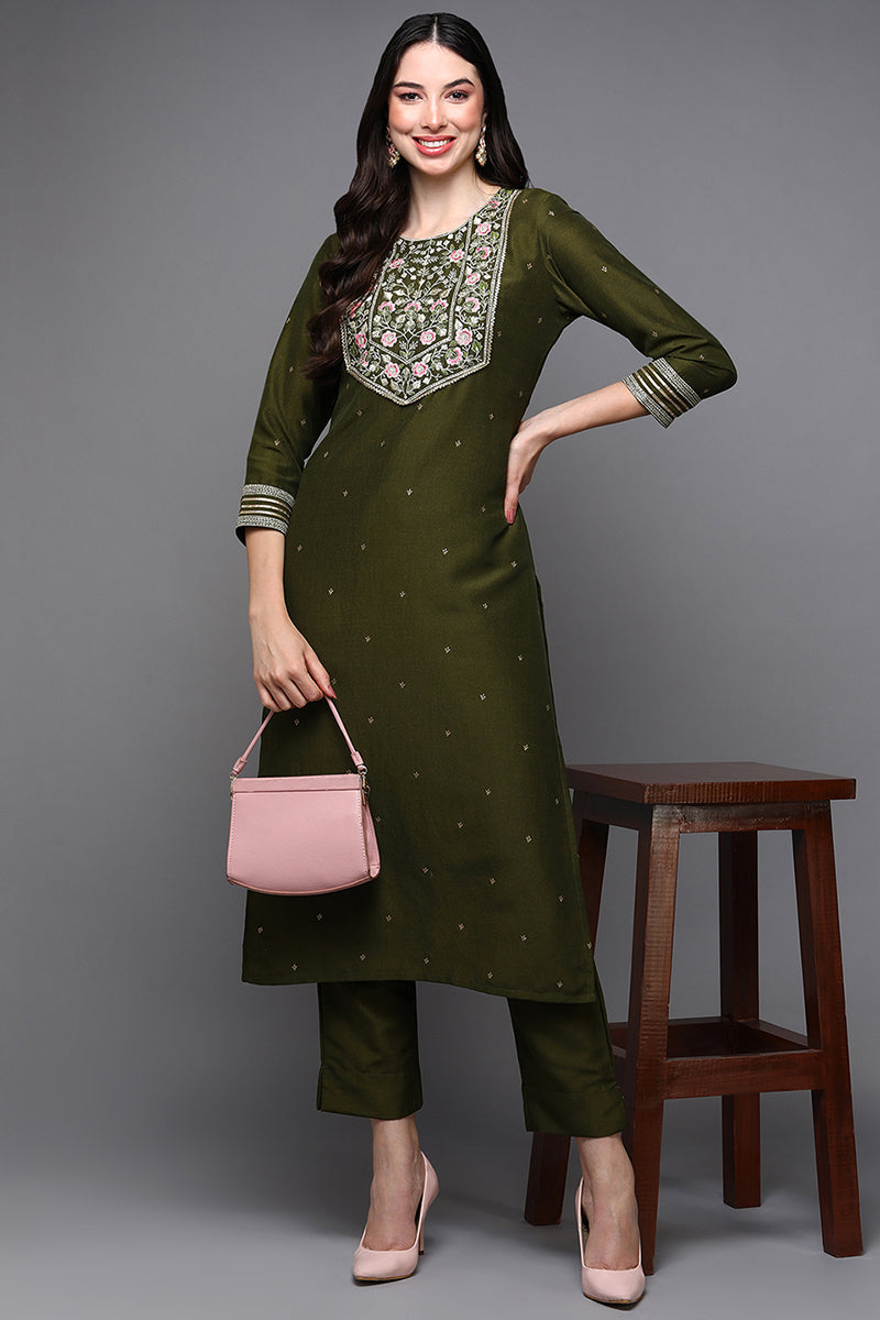 Olive Silk Blend Floral Straight Kurta VCK9435