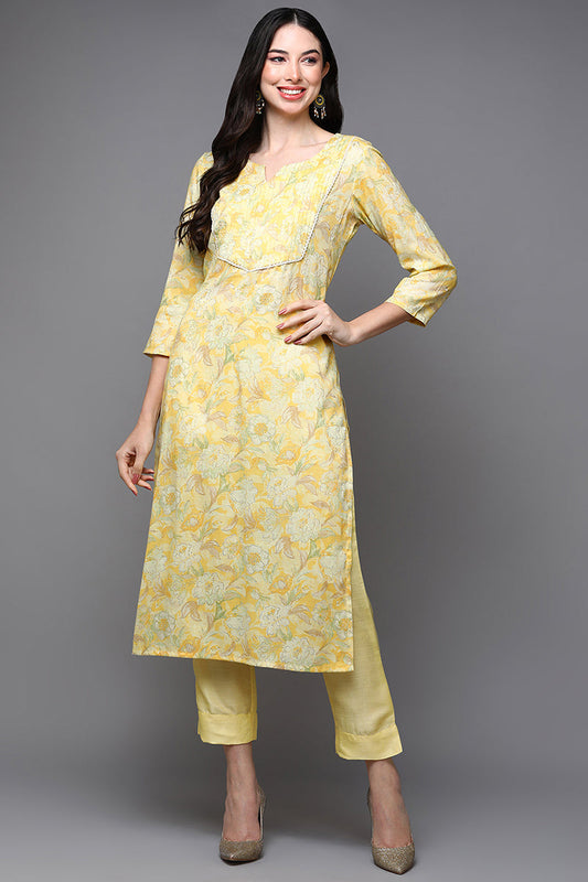 Yellow Cotton Blend Floral Straight Kurta VCK9446