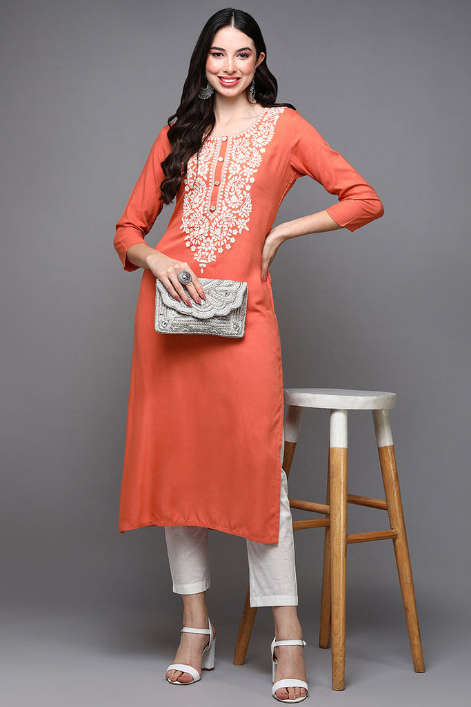 Orange Viscose Rayon Ethnic Motifs Straight Kurta VCK9456