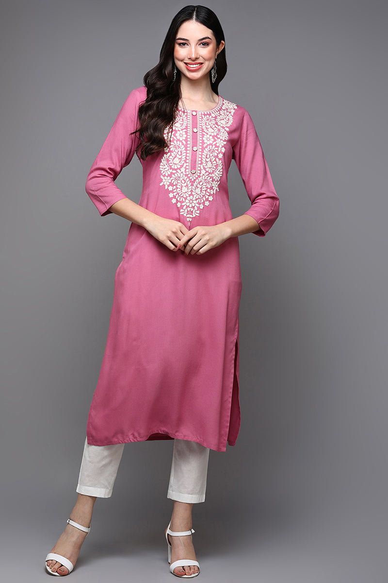 Pink Viscose Rayon Ethnic Motifs Straight Kurta VCK9457