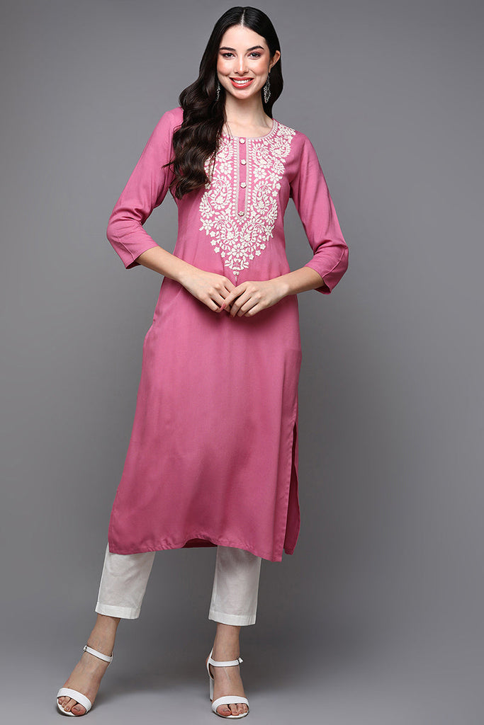 Pink Viscose Rayon Ethnic Motifs Straight Kurta VCK9457