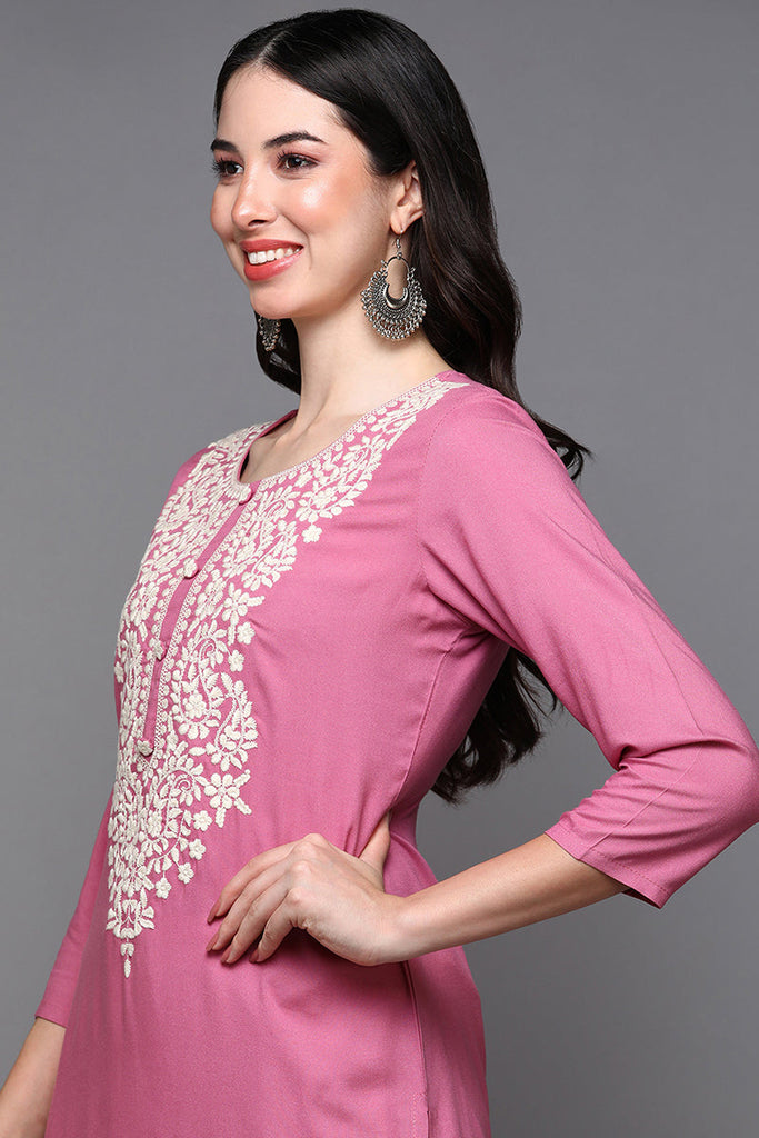 Pink Viscose Rayon Ethnic Motifs Straight Kurta VCK9457