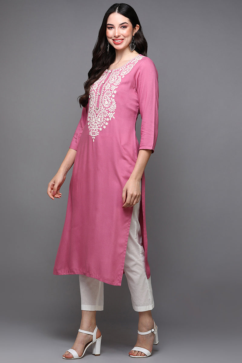 Pink Viscose Rayon Ethnic Motifs Straight Kurta VCK9457