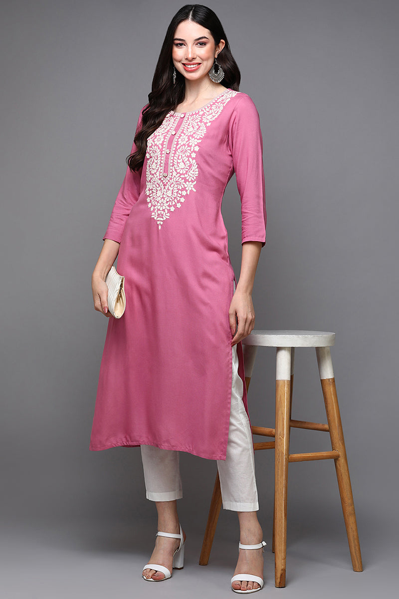 Pink Viscose Rayon Ethnic Motifs Straight Kurta VCK9457