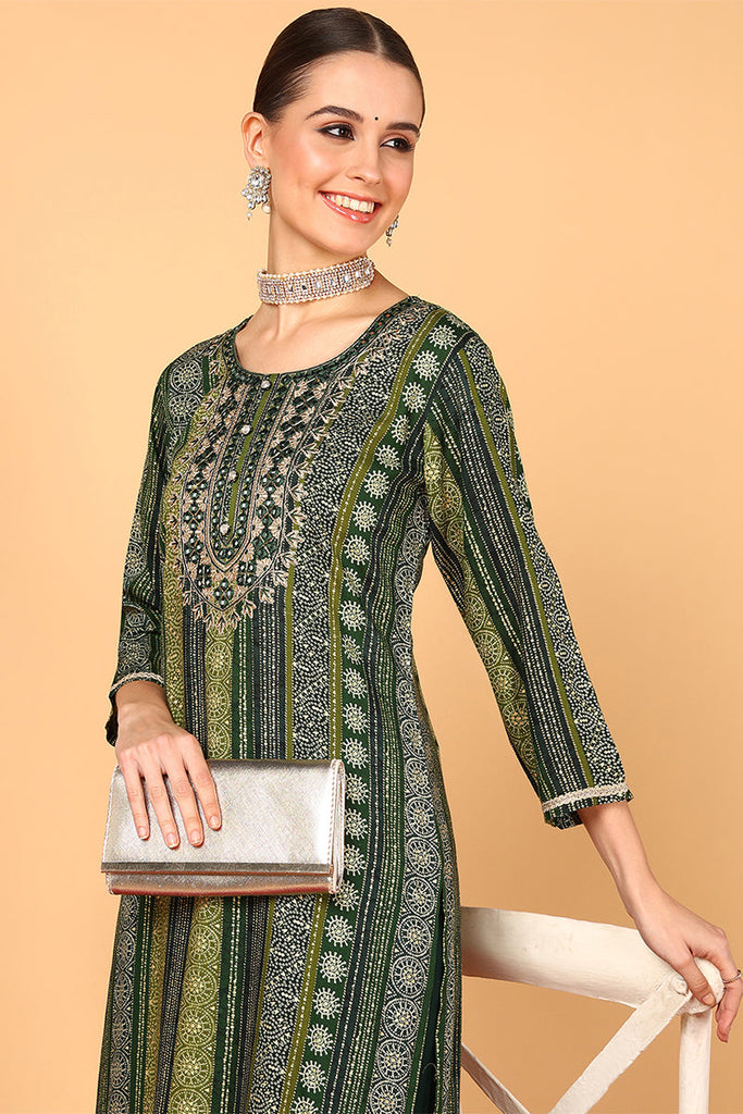 Green Viscose Rayon Ethnic Motifs Printed Straight Kurta VCK9465