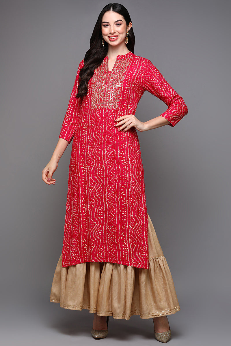 Pink Viscose Rayon Bandhani Straight Kurta VCK9468