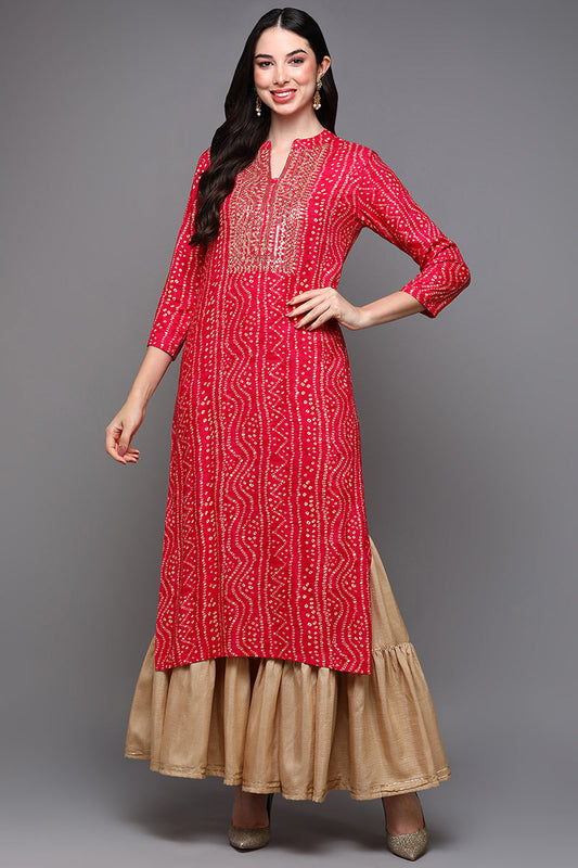 Pink Viscose Rayon Bandhani Straight Kurta VCK9468