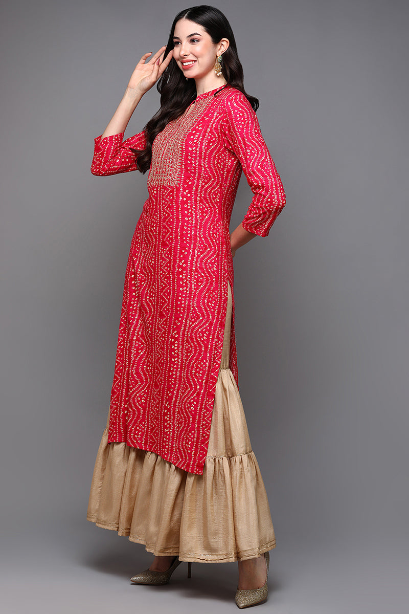 Pink Viscose Rayon Bandhani Straight Kurta VCK9468