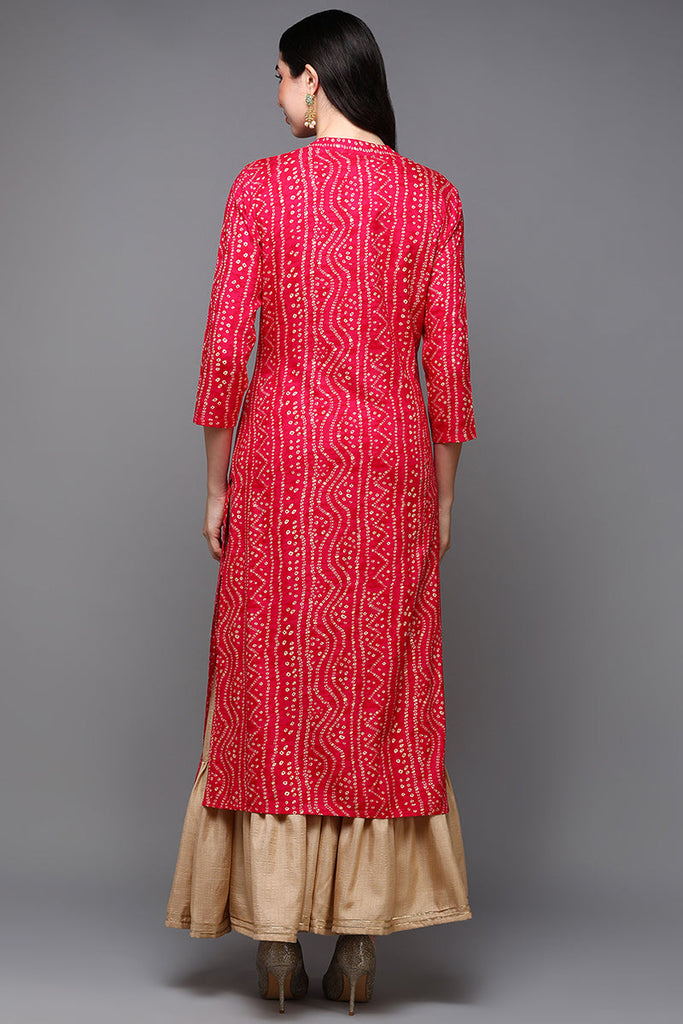 Pink Viscose Rayon Bandhani Straight Kurta VCK9468