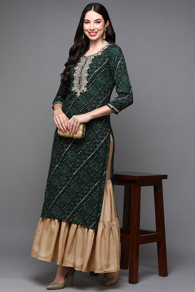 Green Viscose Rayon Bandhani Straight Kurta VCK9470