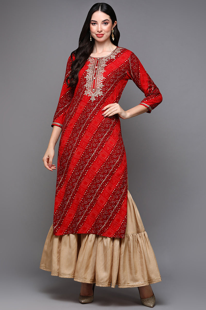 Red Viscose Rayon Bandhani Straight Kurta VCK9471