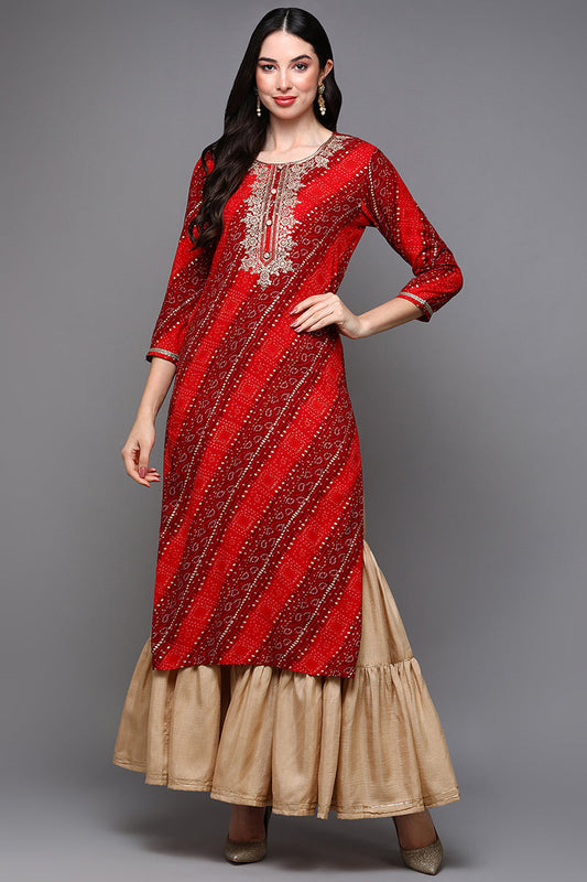 Red Viscose Rayon Bandhani Straight Kurta VCK9471