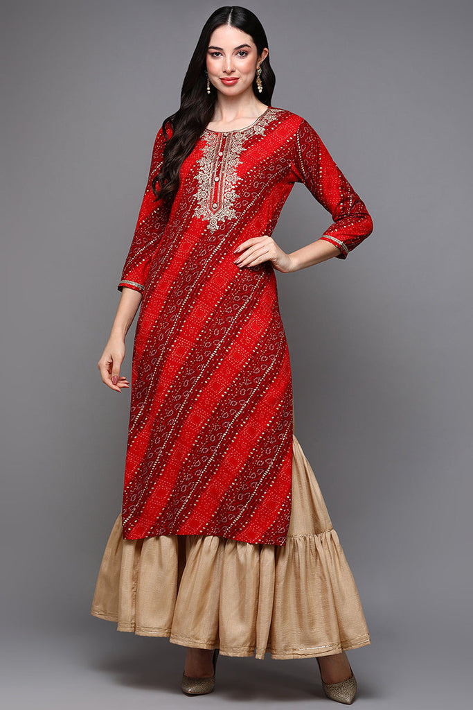 Red Viscose Rayon Bandhani Straight Kurta VCK9471