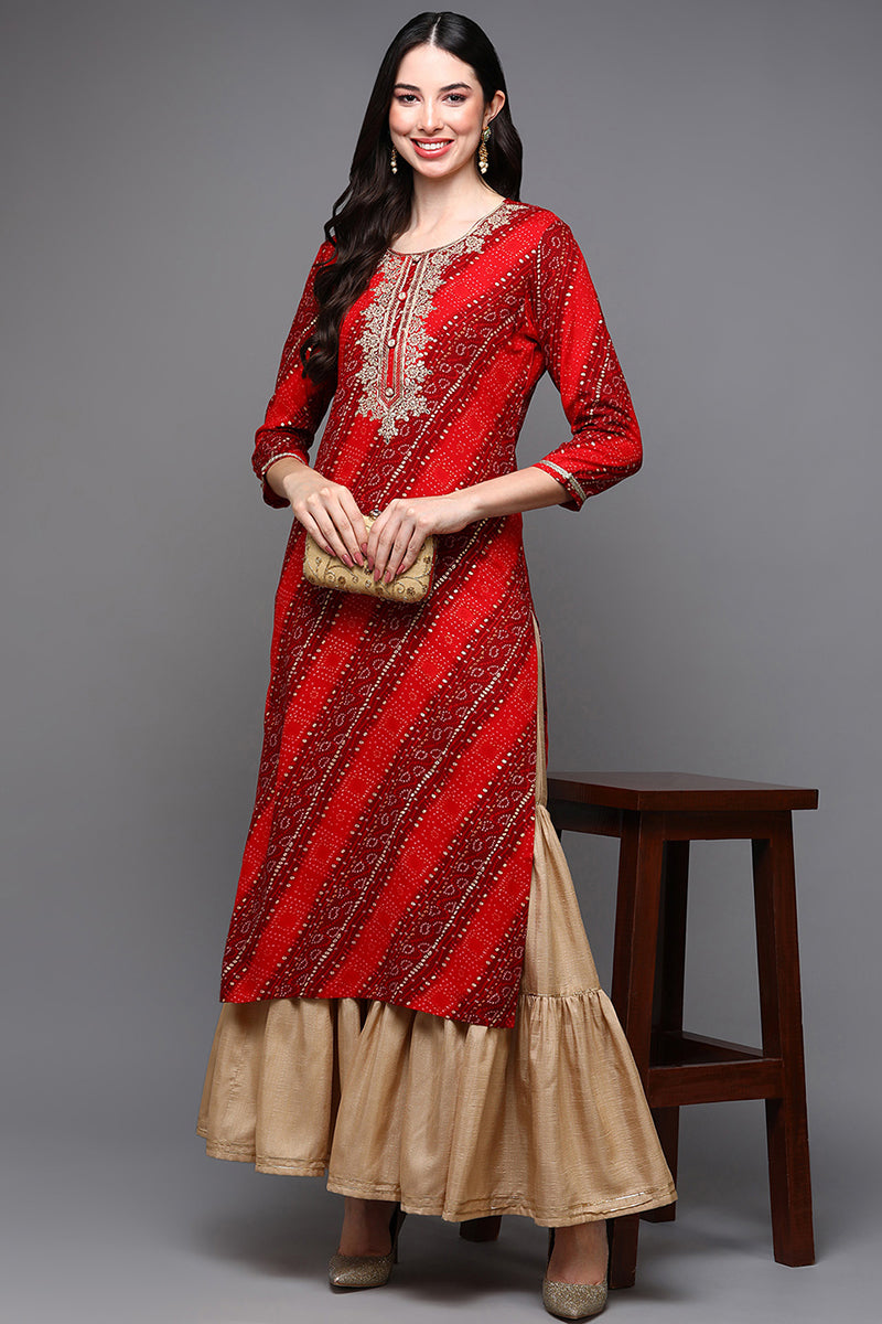 Red Viscose Rayon Bandhani Straight Kurta VCK9471