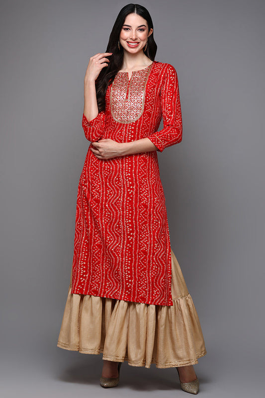 Red Viscose Rayon Bandhani Straight Kurta VCK9472