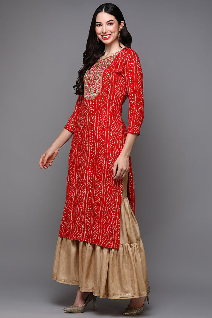 Red Viscose Rayon Bandhani Straight Kurta VCK9472