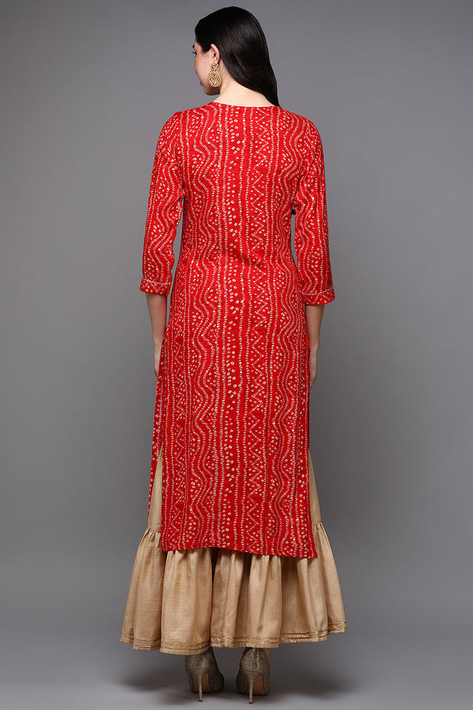 Red Viscose Rayon Bandhani Straight Kurta VCK9472