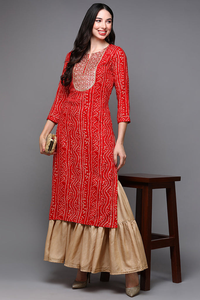 Red Viscose Rayon Bandhani Straight Kurta VCK9472