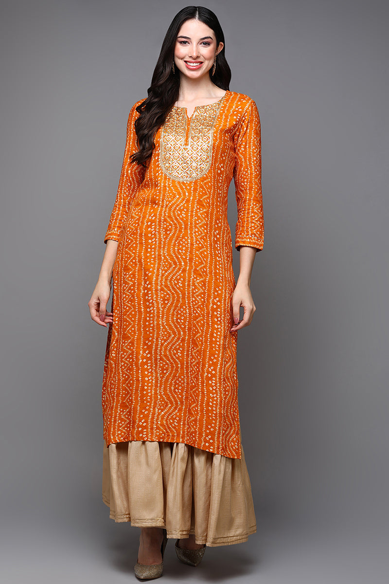 Orange Viscose Rayon Bandhani Straight Kurta VCK9473