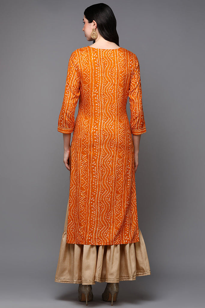 Orange Viscose Rayon Bandhani Straight Kurta VCK9473